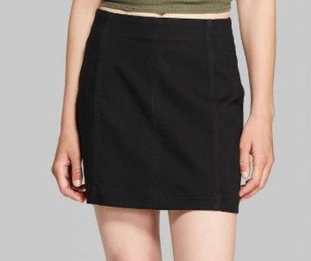 Wild Fable A-Line Denim Jean Mini Skirt Black Cotton Stretch Back Zip Sz 10